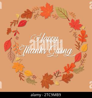 Felice lettering di ringraziamento con foglie autunnali Vector Illustrazione Vettoriale