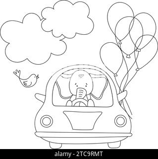 Pagina da colorare per bambini: Elephant Driving A Car, r, è Un libro da colorare divertente e creativo di illustrazioni vettoriali per bambini Illustrazione Vettoriale