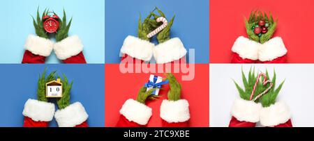 Set di mani pelose verdi gestanti di creatura in costume di Babbo Natale, con sveglia e diversi oggetti di Natale su sfondo colorato Foto Stock