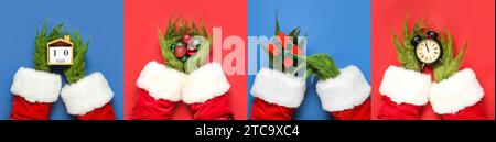 Set di mani pelose verdi di creatura in costume di Babbo Natale e con diversi oggetti natalizi su sfondi rossi e blu Foto Stock