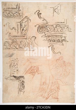 Studi di modanature architettoniche, della Vergine col bambino in ginocchio, e di due angeli che sostengono le cornici (recto); studi per le modanature architettoniche (verso) 1966 di Baldassarre Franceschini (il Volterrano) Foto Stock