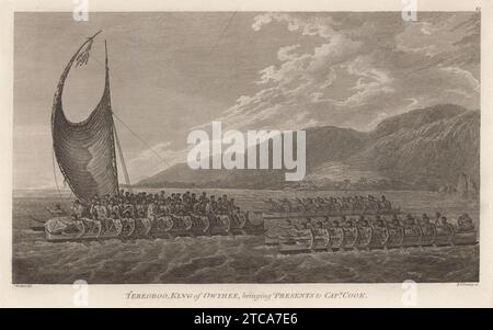 Tereoboo, re di Owyhee, porta regali al capitano Cook di John Webber. Foto Stock