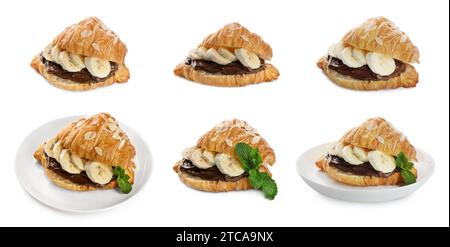 Delizioso croissant con banana a fette e cioccolato isolato su bianco, set Foto Stock