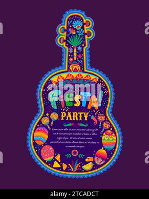 Volantino per feste messicane con chitarra, fiori tropicali e palloncini. Modello vettoriale in tradizionale stile alebrije, invito a festeggiare all'interno della forma di chitarro con maracas e jalapeno Illustrazione Vettoriale