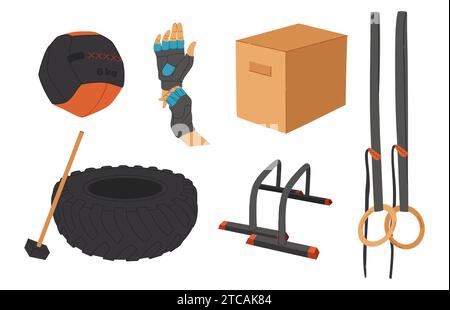 Set di oggetti di allenamento vettoriale. Attrezzature da palestra dal design piatto. Collezione a tema sportivo. Ideale per Web design, adesivi, guide sportive e tutorial Illustrazione Vettoriale