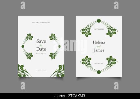 Modello di carte di invito per matrimoni con foglie verdi Illustrazione Vettoriale