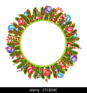 Illustrazione ad acquerello di una corona natalizia fatta di rami di abete, palle di Capodanno, stelle, canna da zucchero e bacche rosse. Isolato su bianco. Colorato d Foto Stock
