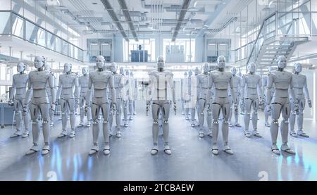 3D rendering robot di assemblaggio o gruppo di cyborg in fabbrica Foto Stock
