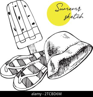 Splendidi elementi di design per schizzi estivi. Illustrazioni vettoriali di infradito, cappelli e borse da spiaggia, conchiglie, gelato in stile lineare bianco e nero Illustrazione Vettoriale