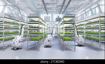 Concetto di tecnologia agricola con fertilizzante spray con braccio robotico di rendering 3d sulle piante in serra Foto Stock