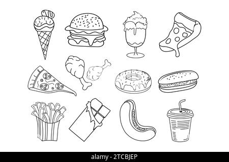 Set di motivi per fast food disegnati a mano Illustrazione Vettoriale