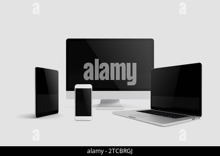 Dispositivi impostati con screen saver vuoto isolato su sfondo grigio rendering 3D. Foto Stock