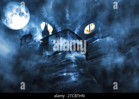 Illustrazione digitale. Castello oscuro tra le rocce. Foto Stock
