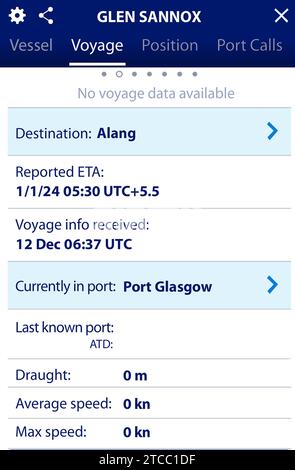 Port Glasgow, Scozia, Regno Unito. 12 dicembre 2023. I lavoratori dei cantieri navali Ferguson Marine hanno impostato l’AIS (Automatic Identification System) di Glen Sannox ad Alang in India , famosa per essere uno dei più grandi cantieri navali del mondo. L'AIS è utilizzato per trasmettere la posizione, la velocità ecc. della nave ad altri utenti marittimi ed è visibile ai localizzatori nello stesso modo in cui gli aeromobili possono essere tracciati in volo. Ovviamente questo è stato fatto come uno scherzo . Le foto mostrano le schermate di un'app di tracciamento marittimo. Iain Masterton/Alamy Live News Foto Stock