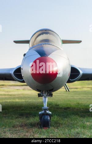 Aereo sportivo d'epoca sull'erba al primo piano dell'aeroporto su sfondo blu Foto Stock