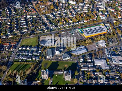 Vista aerea, case unifamiliari zona residenziale Büscherstrasse e nuova costruzione di un edificio residenziale, zona commerciale am Roggenkamp locale Foto Stock