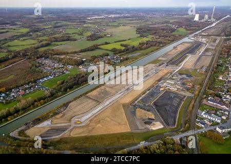 Veduta aerea, Wasserstadt Aden, sul canale Datteln-Hamm, area di costruzione di un quartiere urbano progettato sul sito dell'ex miniera Haus Aden, Foto Stock