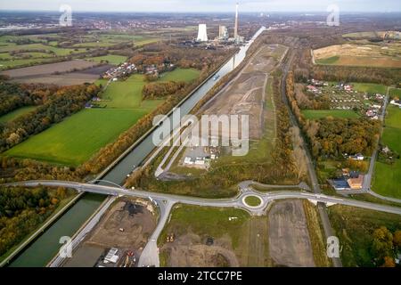 Veduta aerea, Wasserstadt Aden, sul canale Datteln-Hamm, area di costruzione di un quartiere urbano progettato sul sito dell'ex miniera Haus Aden, Foto Stock