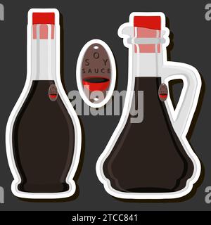 Illustrazione del grande kit a tema bottiglie di vetro varie salsa di soia liquida riempita, bottiglie di salsa di soia, etichette vuote per i titoli, salsa di soia in f Illustrazione Vettoriale