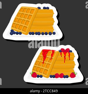 Illustrazione del gelato a tema con cialde con celle, biscotti appetitosi da dessert, cialde con gustosi biscotti sagomati, gelato morbido fresco, waffle Illustrazione Vettoriale