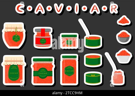Illustrazione su tema grande set vari tipi di caviale di pesce, metallo può dimensioni diverse Illustrazione Vettoriale