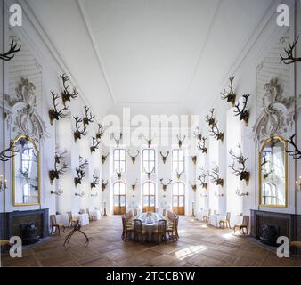 Sala da pranzo del palazzo barocco di Moritzburg Foto Stock