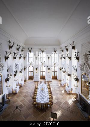 Sala da pranzo del palazzo barocco di Moritzburg Foto Stock