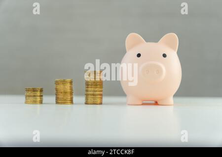 Piggybank e la torre del denaro su sfondo grigio. il concetto di crescita dei profitti e risparmio. Foto Stock