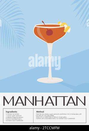 Manhattan Classic cocktail guarnito con ciliegia al maraschino. Stampa artistica su parete ricetta classica per bevande alcoliche. Poster dell'aperitivo estivo. alco minimalista Illustrazione Vettoriale