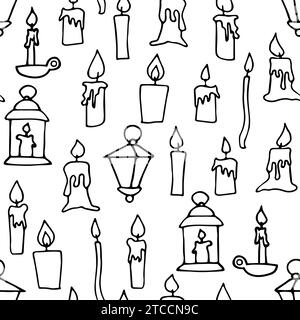 Candele galleggianti a fuoco Doodle modello senza cuciture. Candelabro lineare disegnato a mano, lampada su sfondo bianco. Vacanze, Natale, chiesa, Halloween drippin Illustrazione Vettoriale