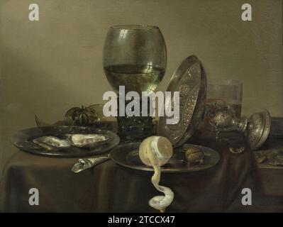 Willem Claesz. Heda - natura morta con Oysters, un Rummer, un Lemon e un Silver Bowl Foto Stock