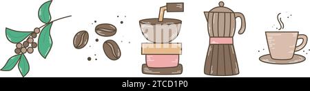 Fasi del concetto di preparazione del caffè. Caffè al bar, chicchi di caffè, macinacaffè, macchina per il caffè, porridge di caffè. Fasi per preparare un rinvigorente caldo Illustrazione Vettoriale