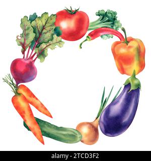 Acquerello, corona di verdure. Una cornice composta da melanzane, carote, barbabietole, peperoncino, pomodori, cetrioli, cipolle e broccoli. Clipart, confine per d Foto Stock