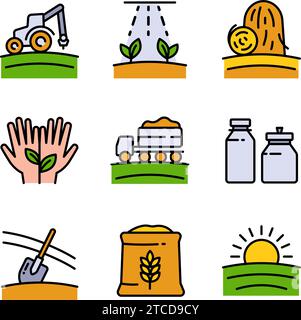 Set di icone colore Agricoltura e Agricoltura. Icone del mercato agricolo vettoriale. Collezione di simboli per l'agricoltura moderna. Pittogramma illustra dell'agricoltura biologica Illustrazione Vettoriale