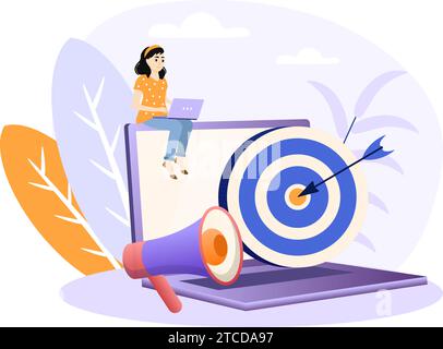 Illustrazione marketing di nicchia. Concetto di targeting comportamentale. Bersaglio freccetta. Segmentazione del marketing, assistenza clienti, gestione delle relazioni con i clienti, CRM Illustrazione Vettoriale