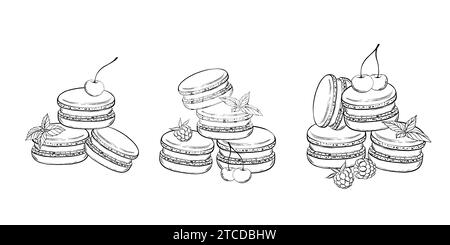 Set di macaron con frutti di bosco, panna e foglie di menta. Illustrazione vettoriale. Stile grafico. disegnato a mano in uno stile semplice e minimalista. Può essere utilizzato per Illustrazione Vettoriale