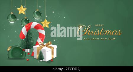 Felice anno nuovo. caramelle trasparenti natalizie con palle e scatola di regali sparsi di neve su sfondo verde, decorazioni 3d realistiche Illustrazione Vettoriale