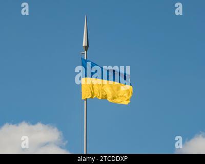 La bandiera nazionale dell'Ucraina fluttua nel vento su un'asta alta sullo sfondo del cielo e delle nuvole da vicino Foto Stock