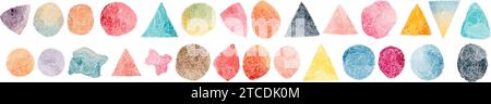 Set di coloratissimi acquerelli dipinti a mano con forme rotonde, macchie, cerchi, blobi isolati su bianco Illustrazione Vettoriale
