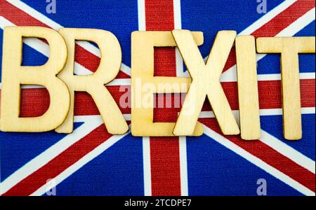 La parola Brexit sulla bandiera della Gran Bretagna Foto Stock