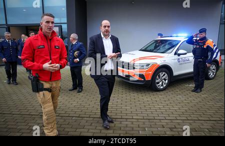 Charleroi, Belgio. 12 dicembre 2023. Il Segretario di Stato per l'agenda digitale e la privacy Mathieu Michel nella foto durante l'inaugurazione del centro di formazione della polizia federale, a Jumet, Charleroi, martedì 12 dicembre 2023. BELGA PHOTO VIRGINIE LEFOUR Credit: Belga News Agency/Alamy Live News Foto Stock