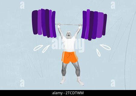 Immagine grafica collage di mani muscolari dell'uomo forte che sollevano un pesante campanello isolato su uno sfondo di disegno creativo Foto Stock