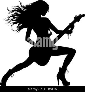Silhouette di una donna che suona la chitarra rock. illustrazione vettoriale Illustrazione Vettoriale
