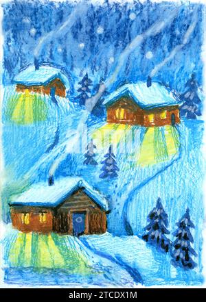 Paesaggio invernale scandinavo con case in legno tradizionali e alberi di conifere. Illustrazione naturale in pastello disegnata a mano Foto Stock
