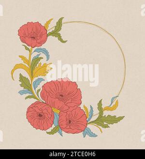 Pianta floreale di papavero in art nouveau 1920-1930. Disegnato a mano con trame di linee, foglie e fiori. Illustrazione Vettoriale