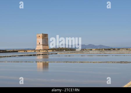 Vista delle saline con la Torre Nubia sullo sfondo a sud di Trapani, Sicilia Foto Stock