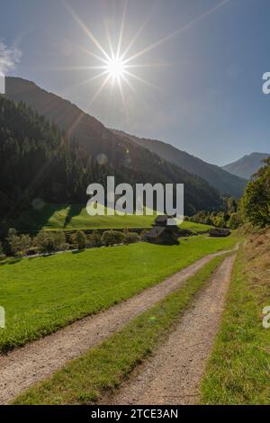 Villaggio rurale con fattorie alpine, comune di Brandberg, Valle Zillergrund, Alpi dello Zillertal, Tirolo, Austria Foto Stock