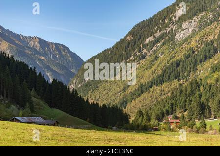 Villaggio rurale con fattorie alpine, comune di Brandberg, Valle Zillergrund, Alpi dello Zillertal, Tirolo, Austria Foto Stock