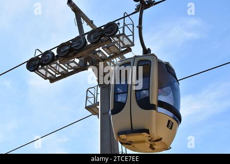 Primo piano della funivia e della struttura di supporto in acciaio con il cielo blu come sfondo Foto Stock