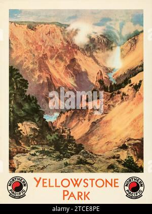 Poster di viaggio americano d'epoca - Yellowstone Park (Northern Pacific Railway, 1924) opere d'arte di Thomas Moran Foto Stock